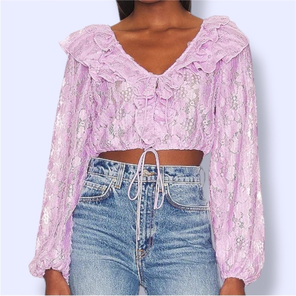 For Love & Lemons Lavender Lace Ruffle Crop Top